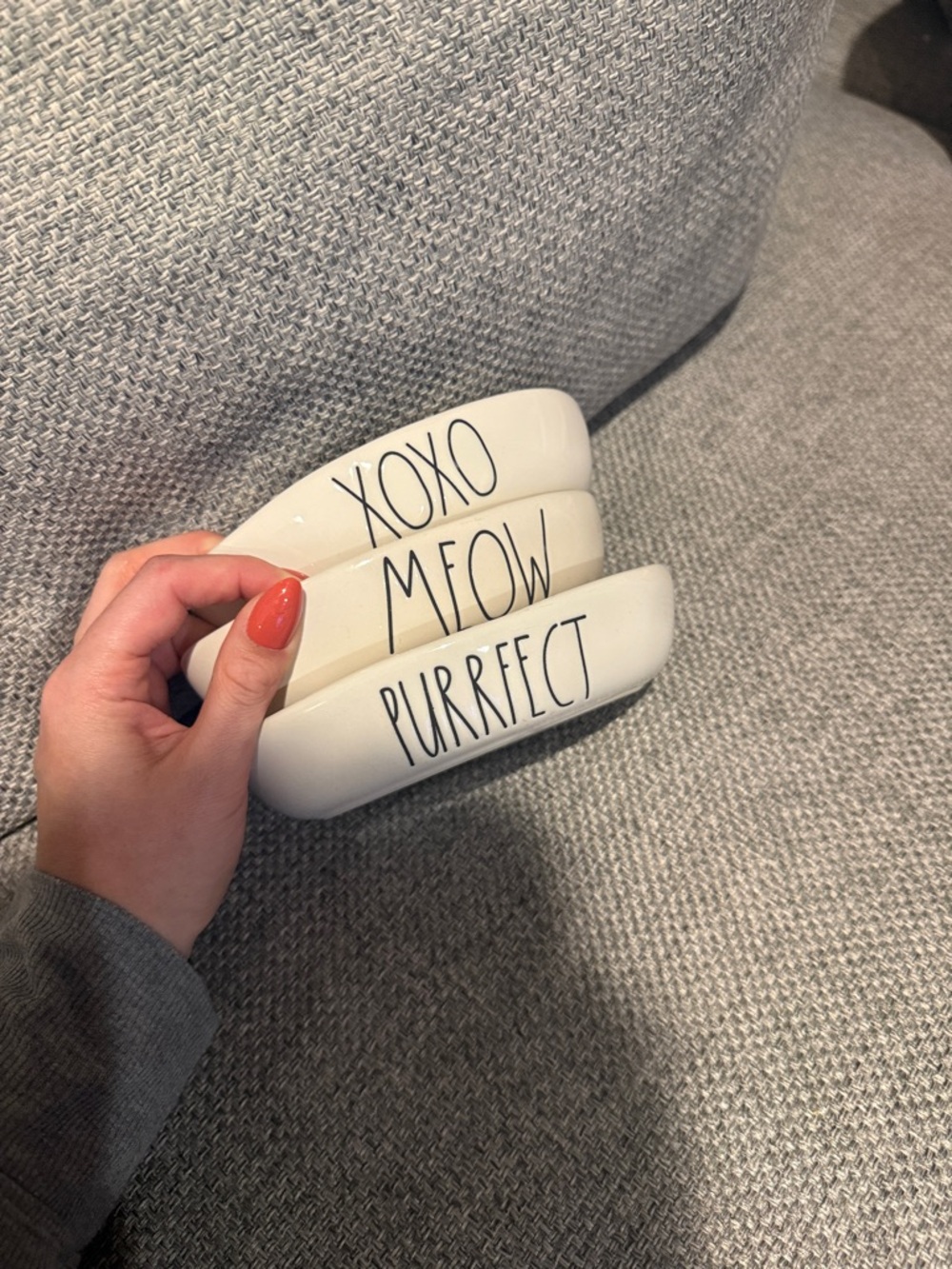 Rae Dunn Set of 3 White Ceramic Cat Bowls with Black Lettering